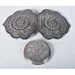 A Silver Belt Buckle and a Filigree Silver Compact. XRF Tested for Purity. Buckle 12.5cm x 6.8cm,