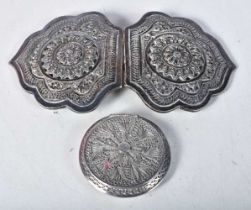 A Silver Belt Buckle and a Filigree Silver Compact. XRF Tested for Purity. Buckle 12.5cm x 6.8cm,