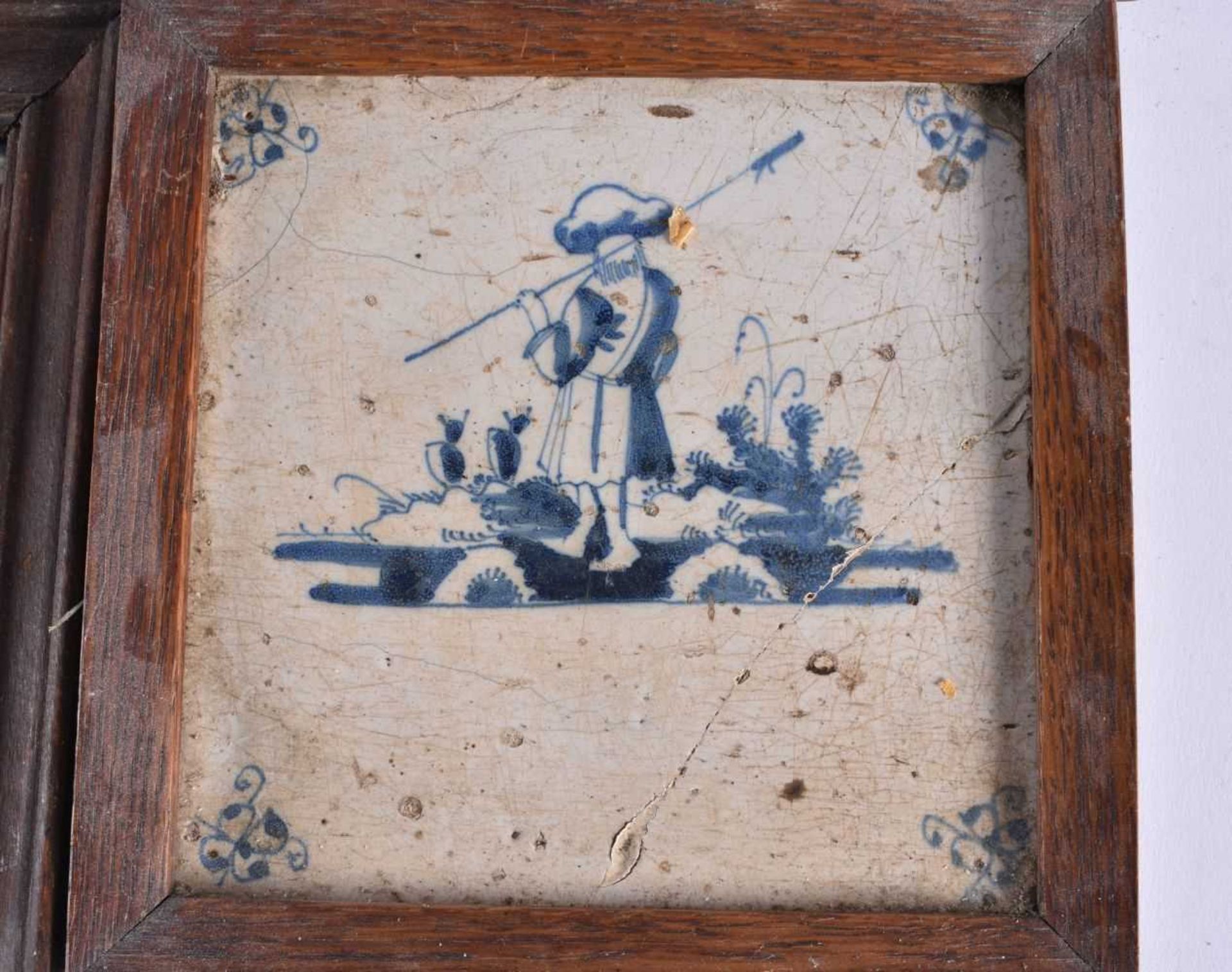 FOUR WOOD FRAMED DELFT BLUE AND WHITE TILES. 15 cm square. (4) - Image 4 of 6