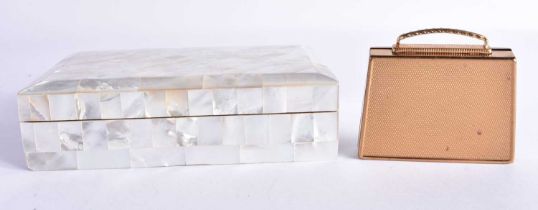 AN ART DECO MOTHER OF PEARL INLAID BOX together with a smaller box. Largest 15 cm x 10 cm. (2)