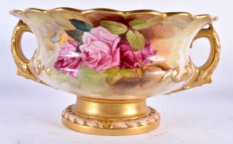 A ROYAN WORCESTER TWIN HANDLED PORCELAIN ROSE PAINTED BOWL. 24 cm x 13 cm.