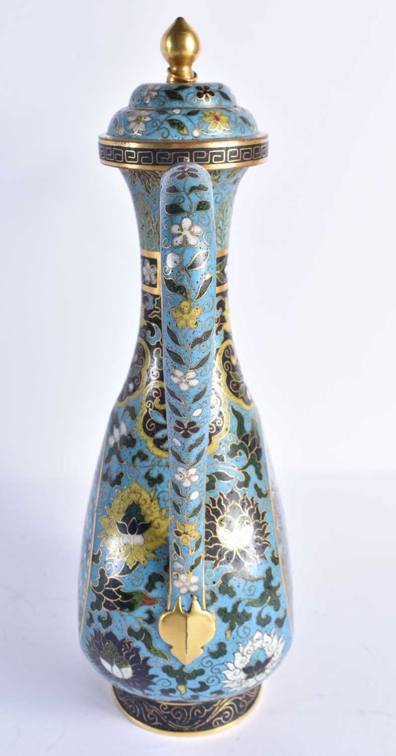 A FINE AND RARE CHINESE CLOISONNE ENAMEL EWER AND COVER probably Ming, decorated with shaped - Image 7 of 9