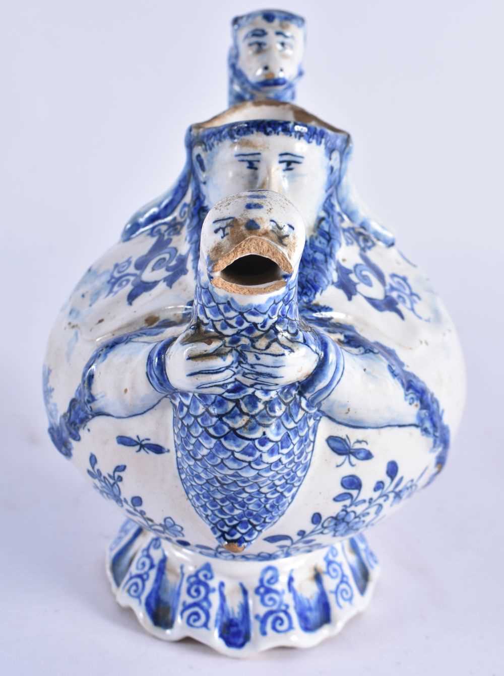 AN ANTIQUE DELFT FAIENCE WALL BRACKET together with a Delft figural monkey jug & a similar tea - Image 3 of 12