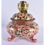 A VERY RARE 19TH CENTURY HUNGARIAN ZSOLNAY PECS OIL BURNER LAMP painted with floral sprays in the
