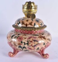 A VERY RARE 19TH CENTURY HUNGARIAN ZSOLNAY PECS OIL BURNER LAMP painted with floral sprays in the