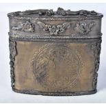 A Chinese Brass Opium Box and Cover with Embossed and Engraved decoration. 7.7cm x 8.2cm x 2.6cm,