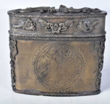 A Chinese Brass Opium Box and Cover with Embossed and Engraved decoration. 7.7cm x 8.2cm x 2.6cm,