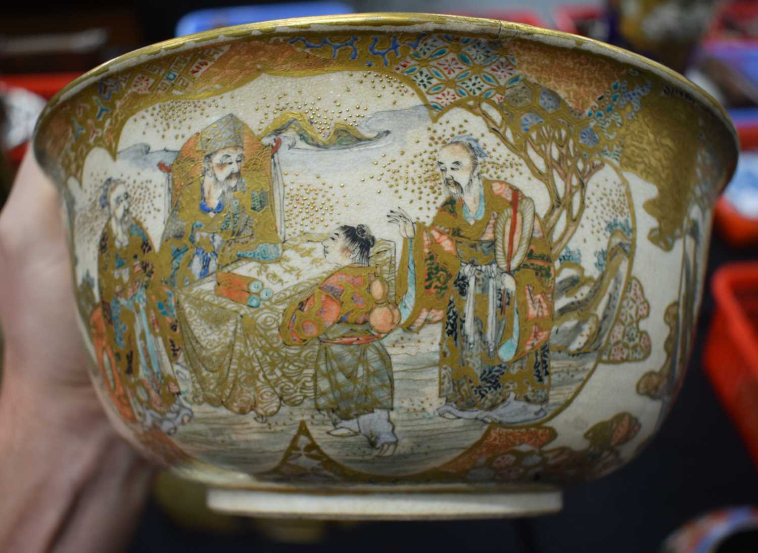 A LARGE 19TH CENTURY JAPANESE MEIJI PERIOD SATSUMA BOWL painted with immortals within landscapes, - Image 8 of 18