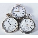 Three Victorian Silver Pocket Watches. Hallmarks include Birmingham 1891 and Chester 1901. Largest