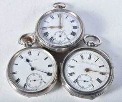 Three Victorian Silver Pocket Watches. Hallmarks include Birmingham 1891 and Chester 1901. Largest