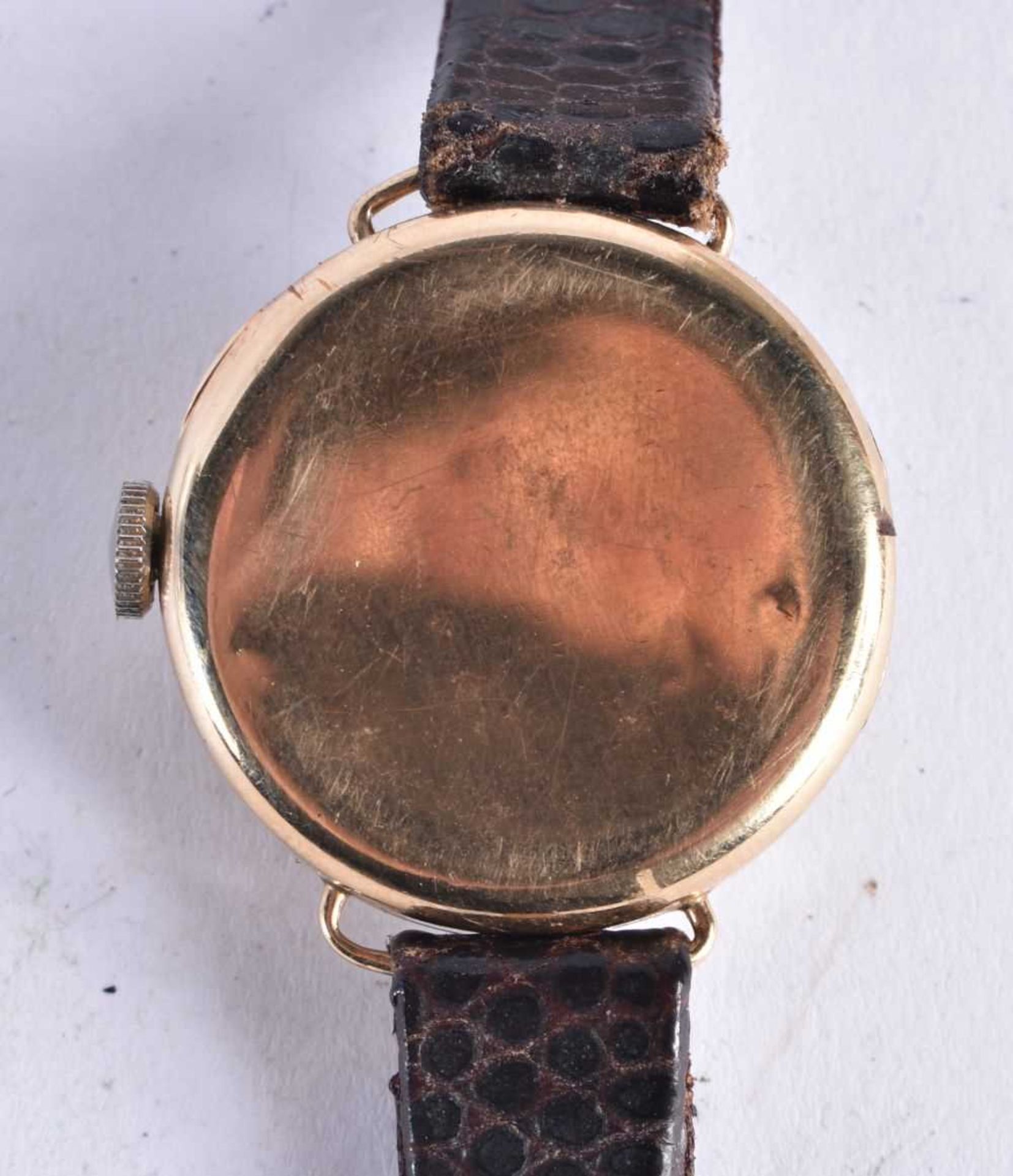 J.W. BENSON 9ct Gold Cased Antique Trench Style Wristwatch Hand-wind Working. 17 grams. 2.75 cm wide - Image 4 of 5