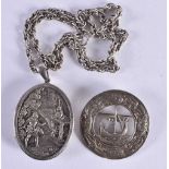 AN ARTS AND CRAFTS SILVER VIKING BROOCH and an antique silver locket. 72.1 grams. Largest 4.75 cm