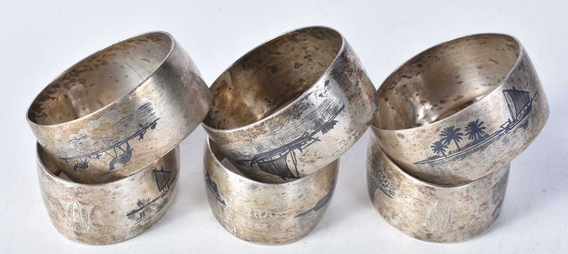Six Continental Niello Silver Napkin Rings. XRF Tested for Purity. 4.2cm x 4.8cm, total weight - Image 2 of 3