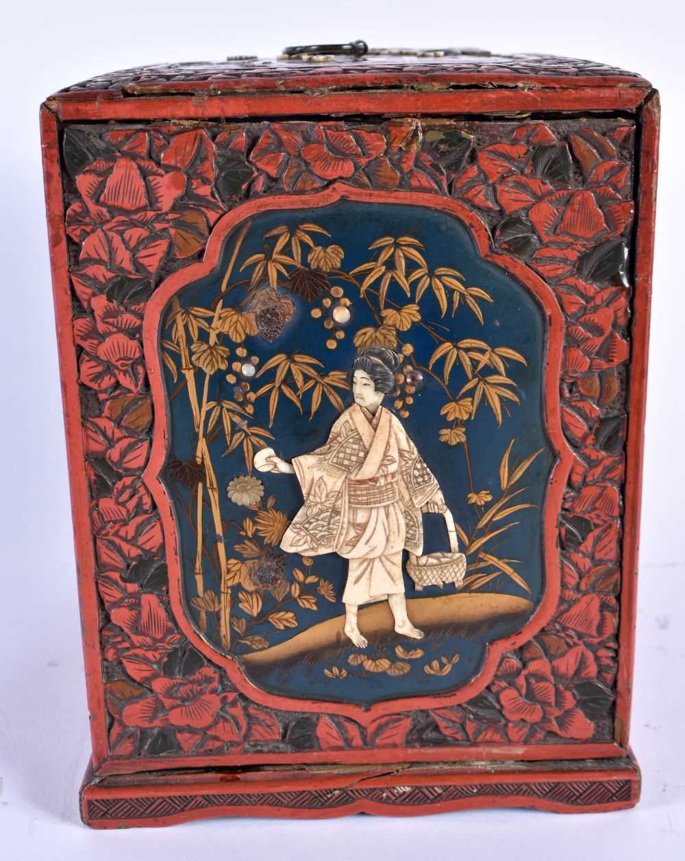 A 19TH CENTURY JAPANESE MEIJI PERIOD CINNABAR LACQUER KODANSU CABINET decorated with figures in - Image 4 of 6