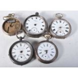 Five Silver Pocket Watches. Stamped 925 and 935. Largest 5.3cm diameter, total weight 260g, Not