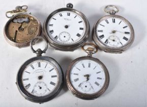Five Silver Pocket Watches. Stamped 925 and 935. Largest 5.3cm diameter, total weight 260g, Not