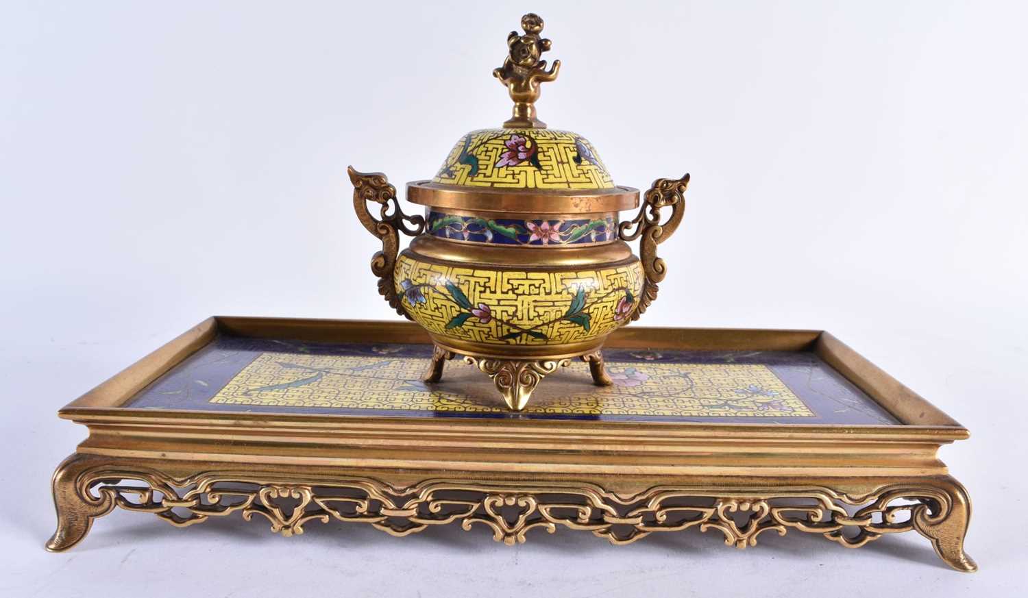 A FINE 19TH CENTURY FRENCH BRONZE AND CHAMPLEVE ENAMEL DESK GARNITURE in the manner of - Image 2 of 14