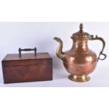 AN ANTIQUE ISLAMIC BRONZE COPPER ALLOY EWER together with a rosewood box. Largest 30 cm x 20 cm. (