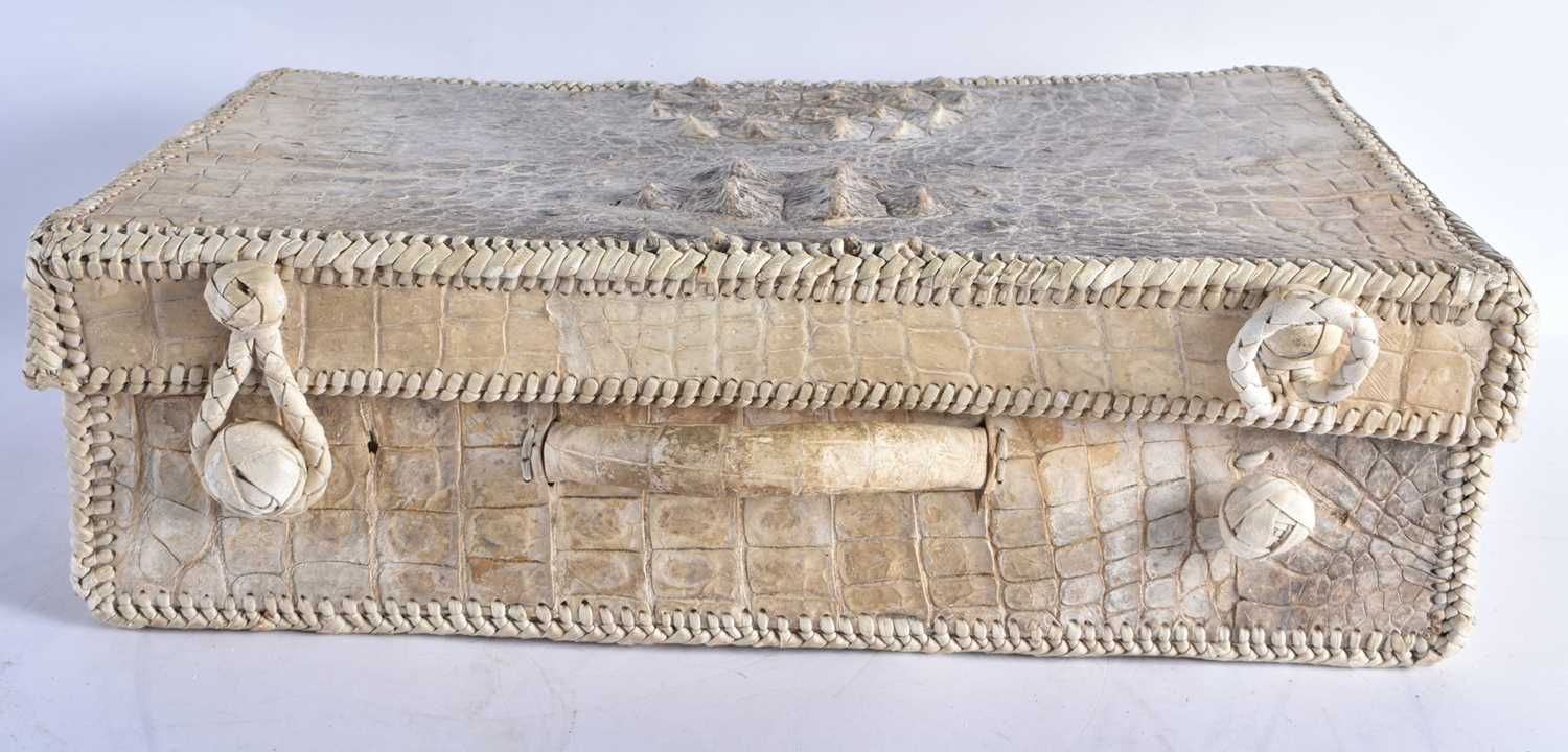 A RARE TAXIDERMY ANTQUE CROCODILE WORKED SUITCASE. 50 cm x 34 cm.