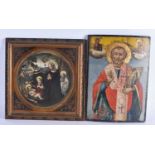 AN ANTIQUE RUSSIAN PAINTED WOOD ICON together with a framed Italian picture. Largest 30 cm x 22