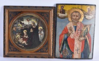 AN ANTIQUE RUSSIAN PAINTED WOOD ICON together with a framed Italian picture. Largest 30 cm x 22