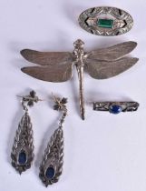 A LOVELY ANTIQUE STERLING SILVER DRAGONFLY BROOCH together with four other pieces of silver