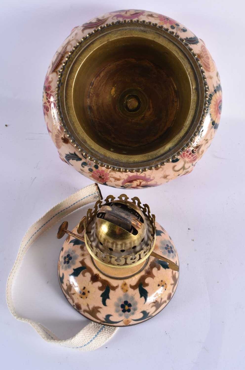 A VERY RARE 19TH CENTURY HUNGARIAN ZSOLNAY PECS OIL BURNER LAMP painted with floral sprays in the - Bild 7 aus 13