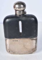 A Leather covered Hip Flask with Silver Top and Cup. Hallmarked Sheffield 1907. 14.6cm x 8.9cm x 3.