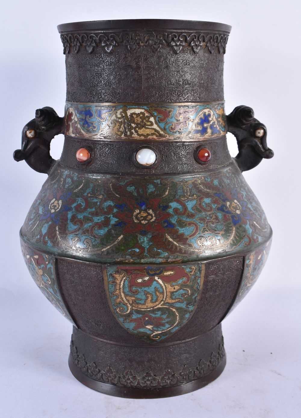 A LARGE 19TH CENTURY CHINESE CHAMPLEVE BRONZE AND HARDSTONE VASE decorated with flowers. 32 cm x - Image 2 of 7