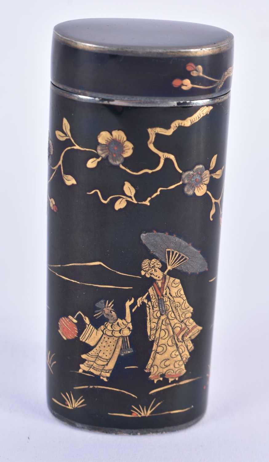 A LOVELY EARLY 20TH CENTURY ENGLISH SILVER AND CHINOSERIE LACQUER BOX AND COVER by H G Ld., in the