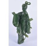 A 19TH CENTURY CHINESE CARVED SPINACH JADE FIGURE OF A FEMALE IMMORTAL Qing. 15 cm high.