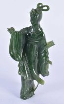 A 19TH CENTURY CHINESE CARVED SPINACH JADE FIGURE OF A FEMALE IMMORTAL Qing. 15 cm high.