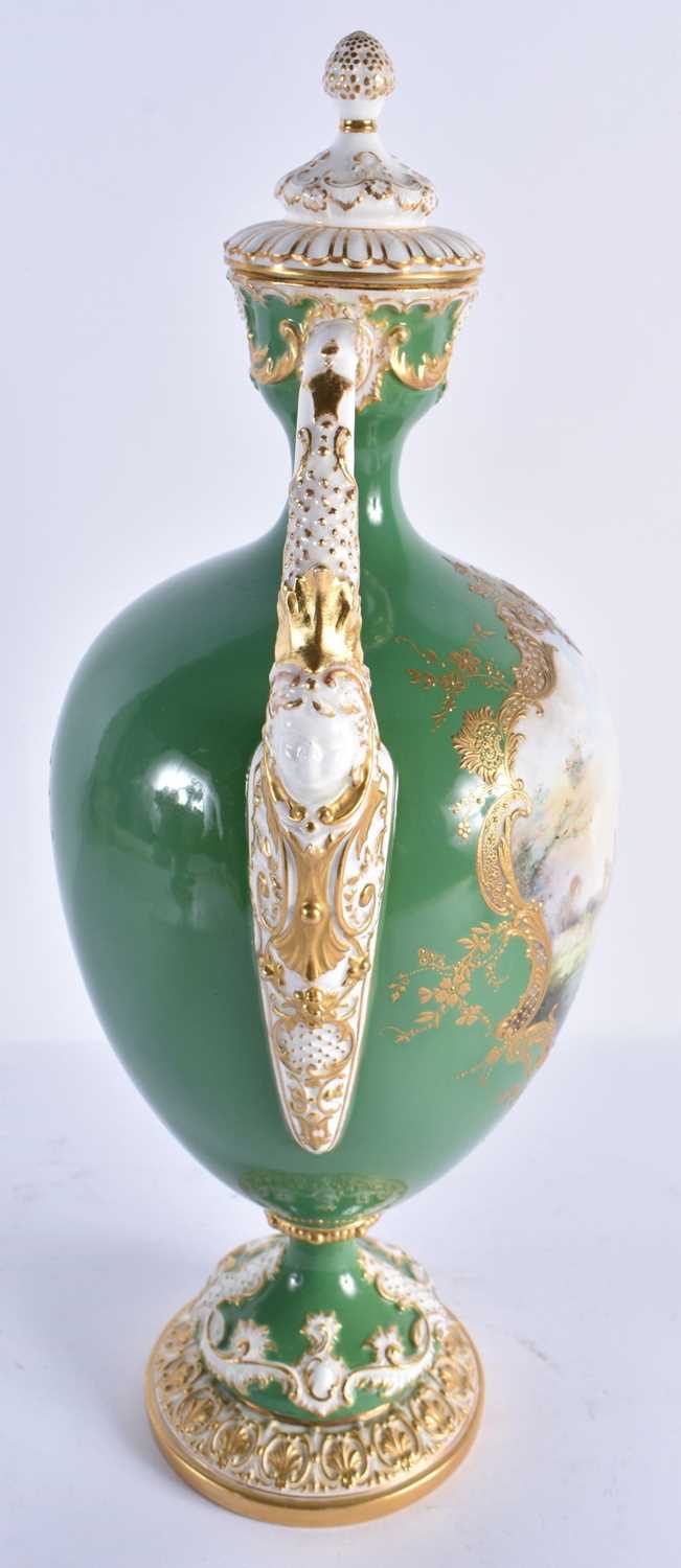 A FINE PAIR OF ROYAL WORCESTER TWIN HANDLED WORCESTER VASES AND COVERS by Harry Davis, painted - Image 9 of 13