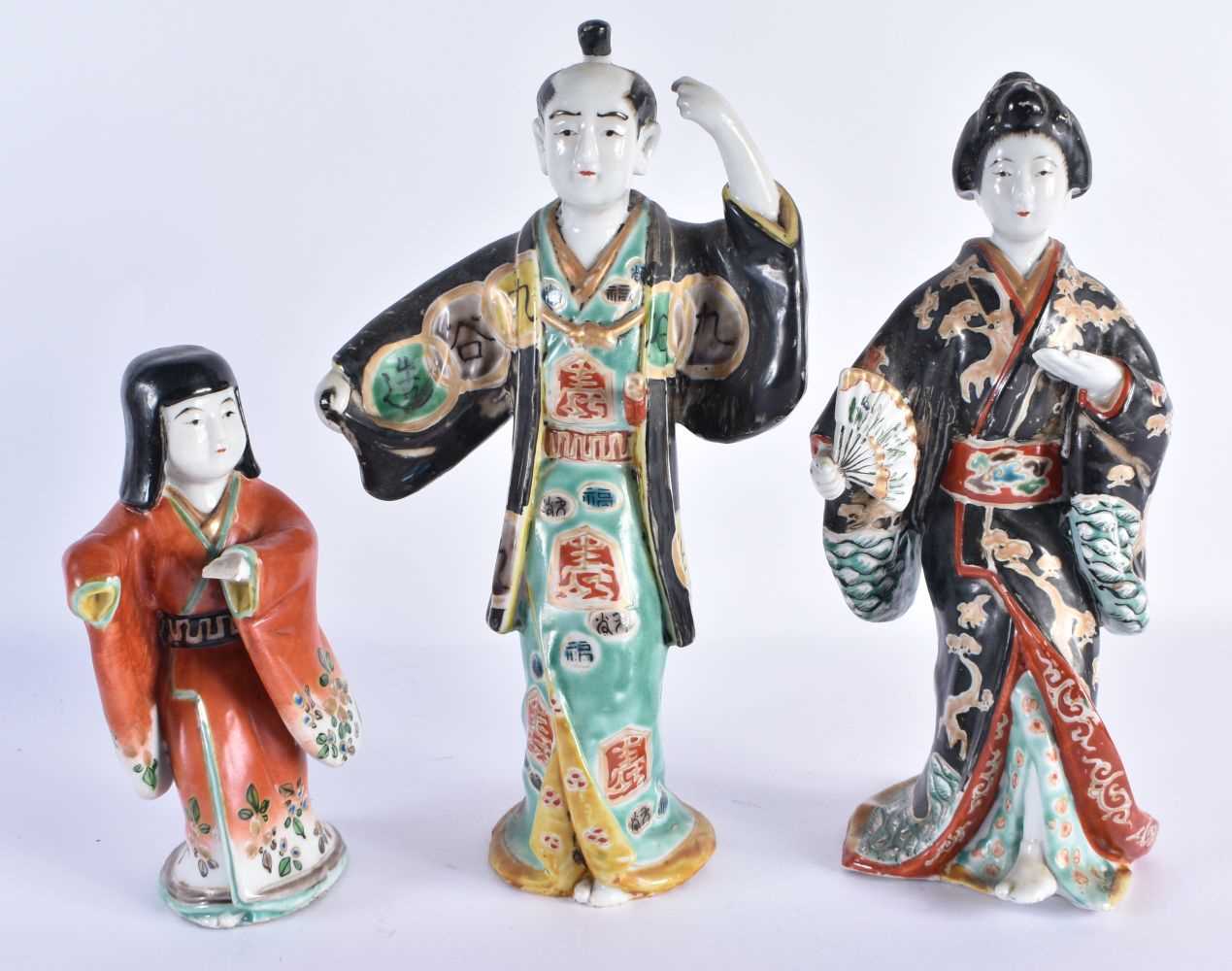 THREE 19TH CENTURY JAPANESE MEIJI PERIOD AO KUTANI FIGURES. Largest 28 cm high. (3)
