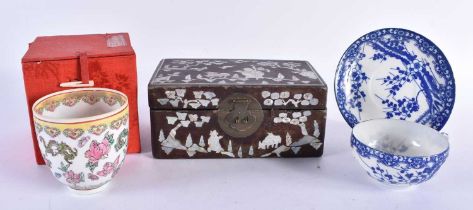 AN ANTIQUE CHINESE MOTHER OF PEARL INLAID BOX together with three pieces of egg shell porcelain.