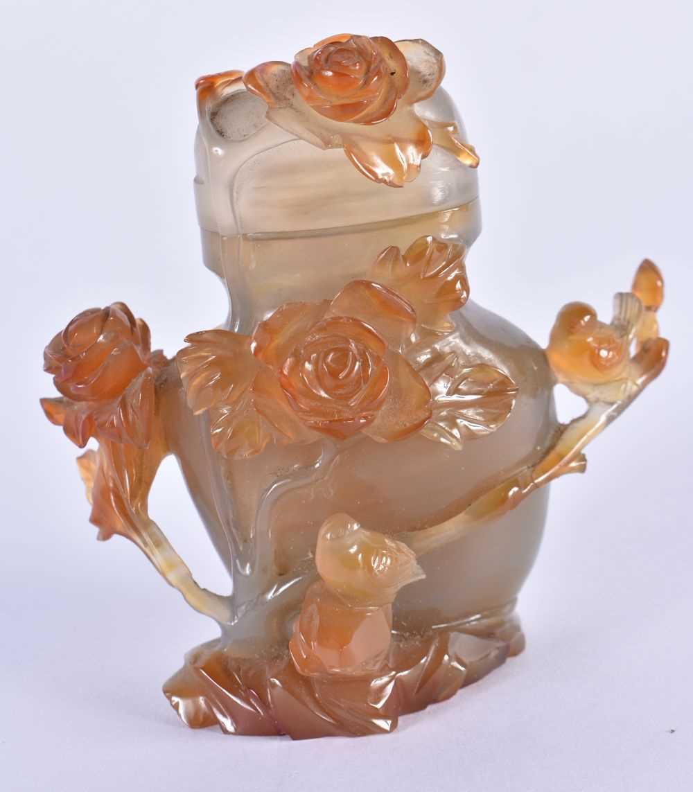 A 19TH CENTURY CHINESE CARVED AGATE VASE AND COVER Qing, overlaid with flowers and vines. 10 cm x