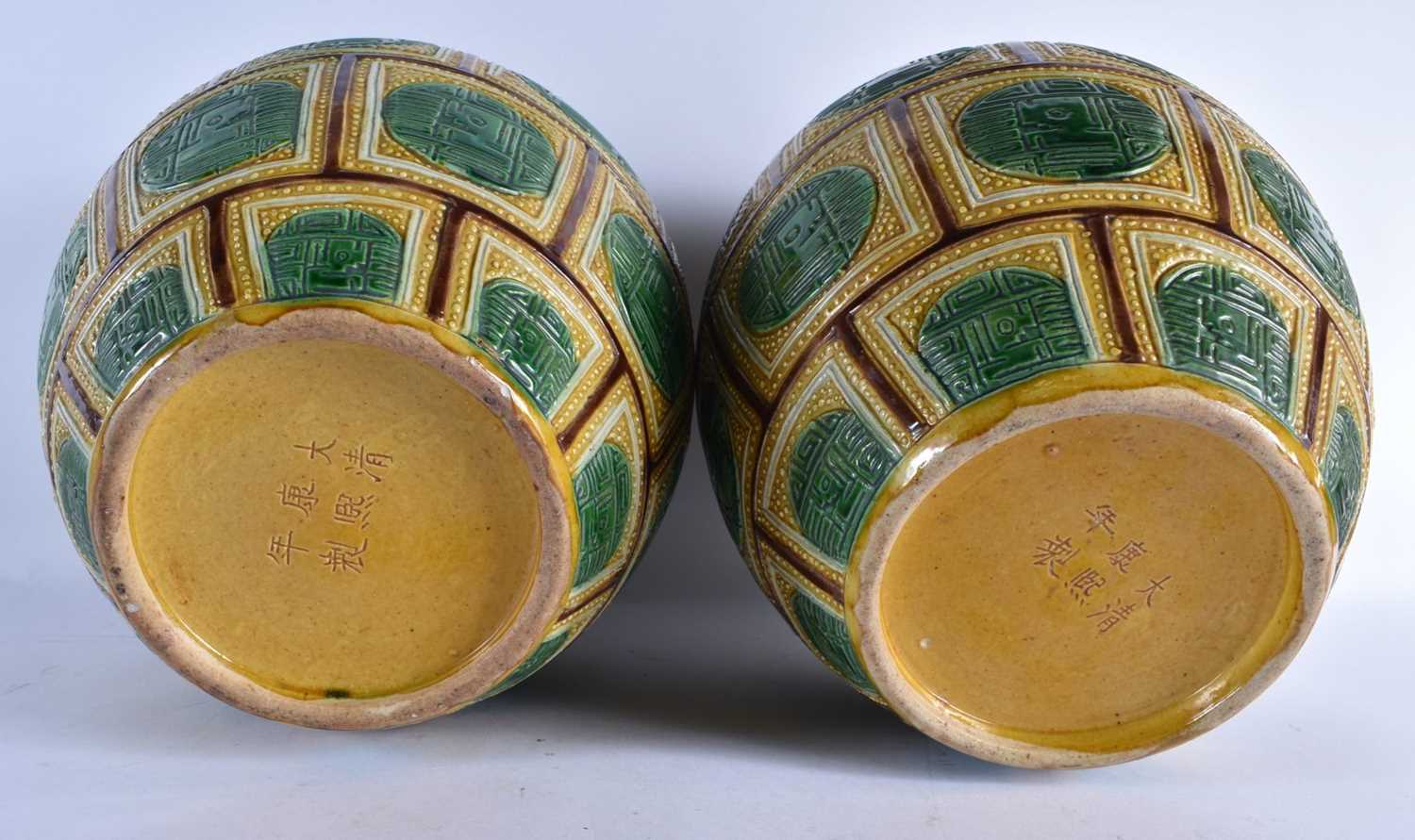 A RARE LARGE PAIR OF 19TH CENTURY CHINESE SANCAI GLAZED GINGER JARS bearing Kangxi marks to base, - Image 6 of 7