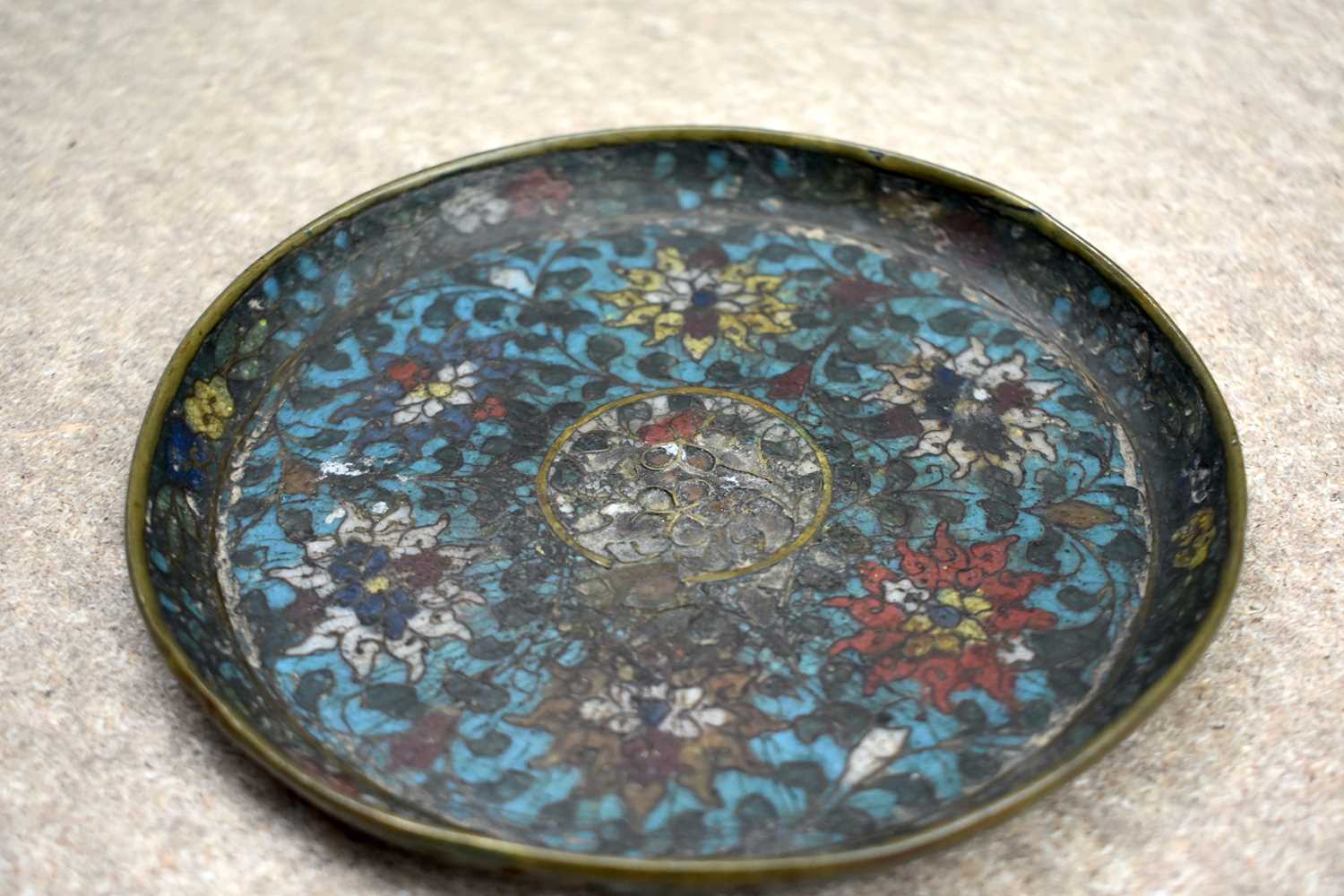 A VERY UNUSUAL 15TH CENTURY CHINESE CLOISONNE ENAMEL PLATE Ming, decorated with lotus to top and - Image 7 of 18