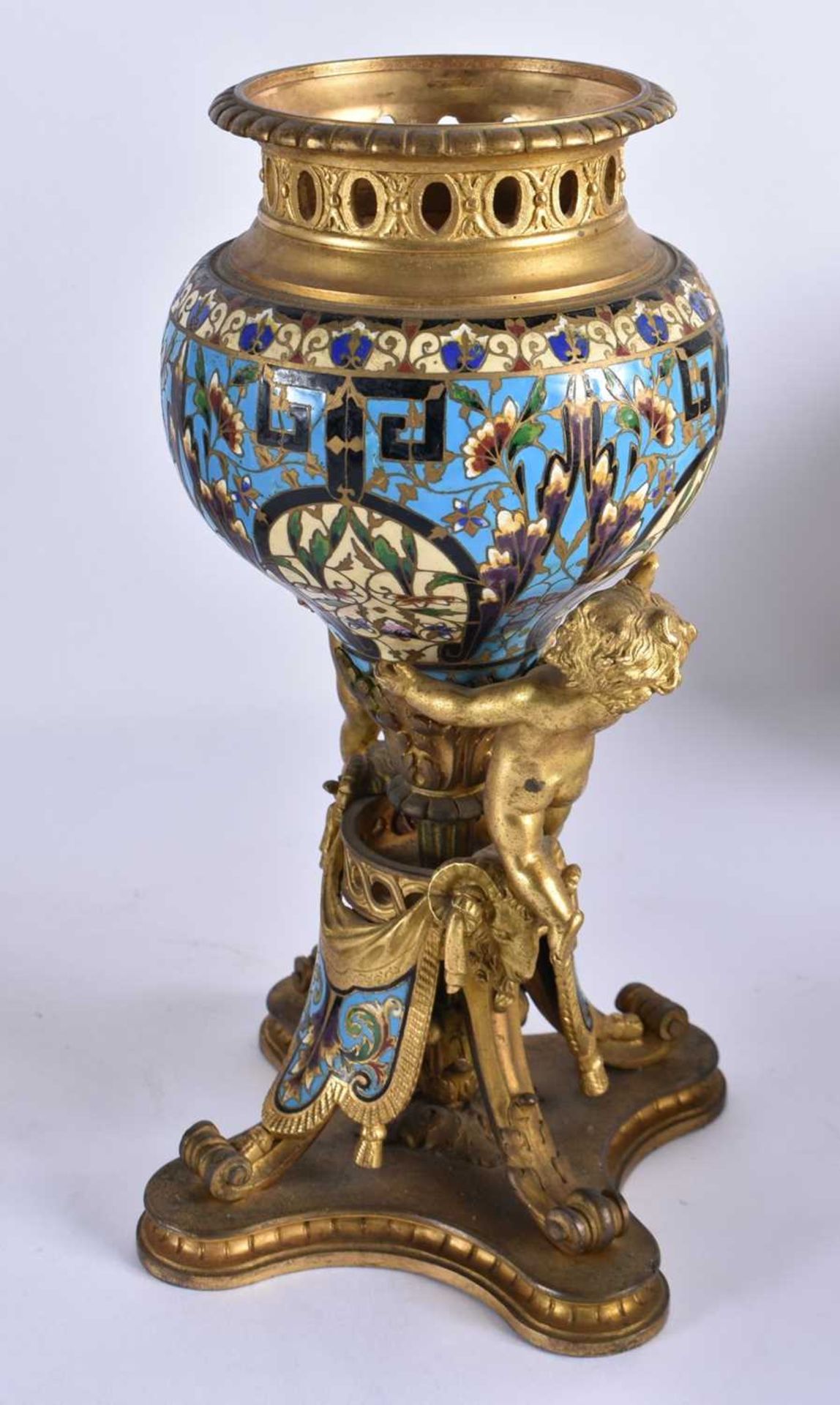 A FINE 19TH CENTURY FRENCH ORMOLU AND CHAMPLEVE ENAMEL CLOCK GARNITURE formed with putti amongst - Image 6 of 9