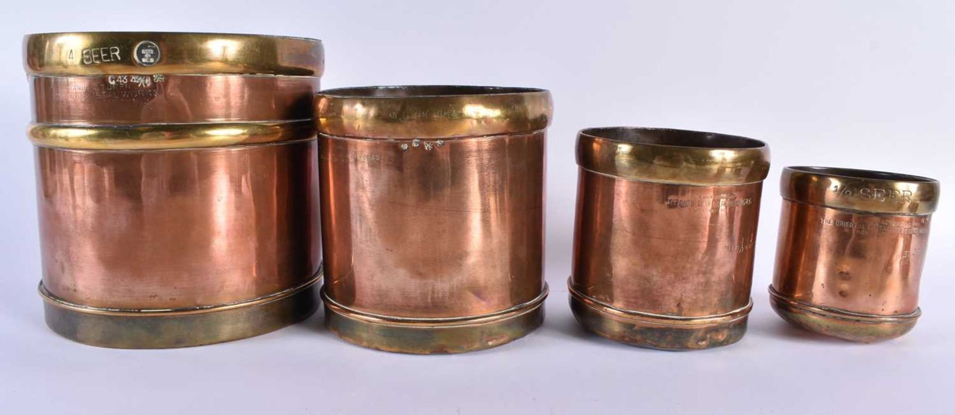 A SET OF ANTIQUE COPPER AND BRASS MEASURES stamped Punjab Metal Works. Largest 17 cm x 17 cm. (qty) - Image 2 of 11