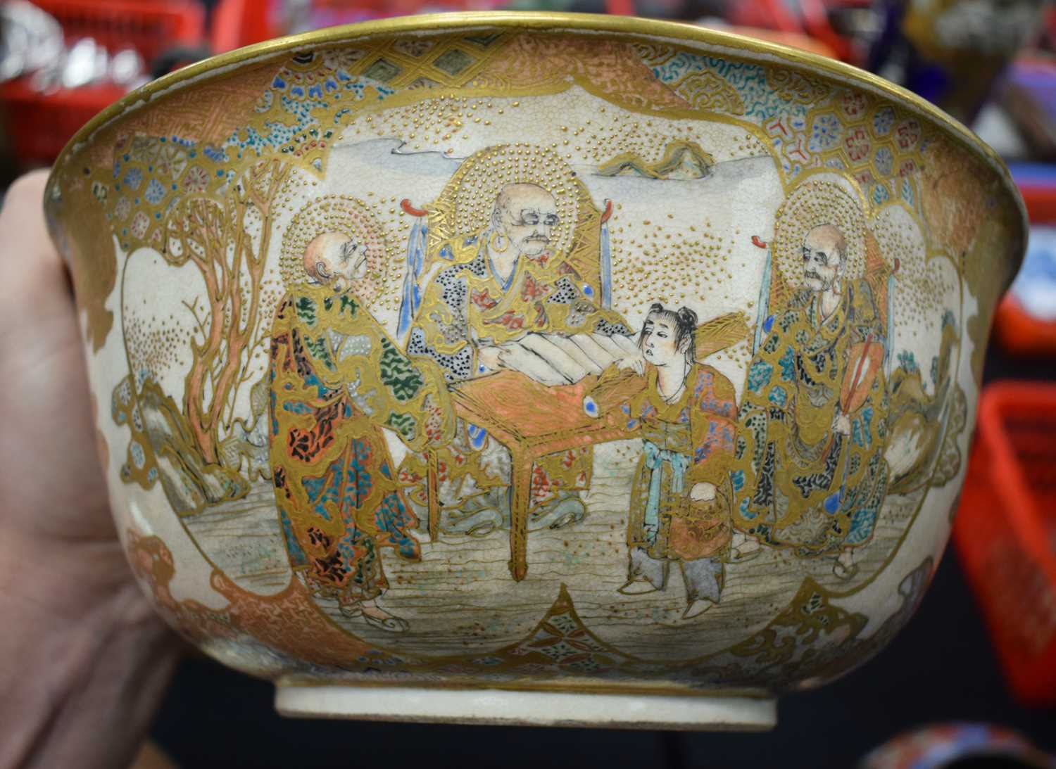 A LARGE 19TH CENTURY JAPANESE MEIJI PERIOD SATSUMA BOWL painted with immortals within landscapes, - Image 10 of 18