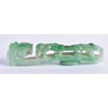 A FINE 19TH CENTURY CHINESE CARVED JADEITE BELT HOOK Qing. 10 cm long.