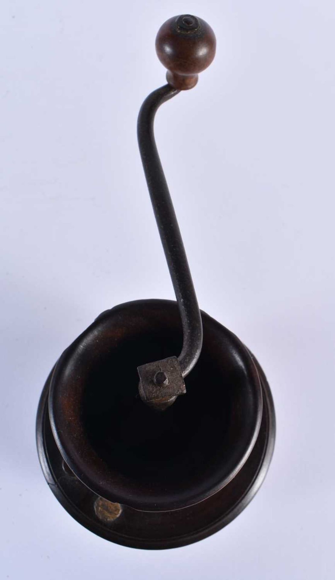 A GEORGE III CARVED TREEN COFFEE GRINDER with stylised iron handle. 19 cm x 14 cm. Note: The first - Image 4 of 4
