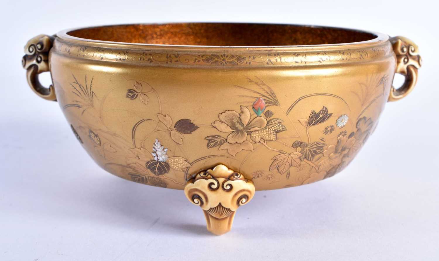 A 19TH CENTURY JAPANESE MEIJI PERIOD GOLD LACQUER SHIBAYAMA INLAID CIRCULAR CENSER decorated with