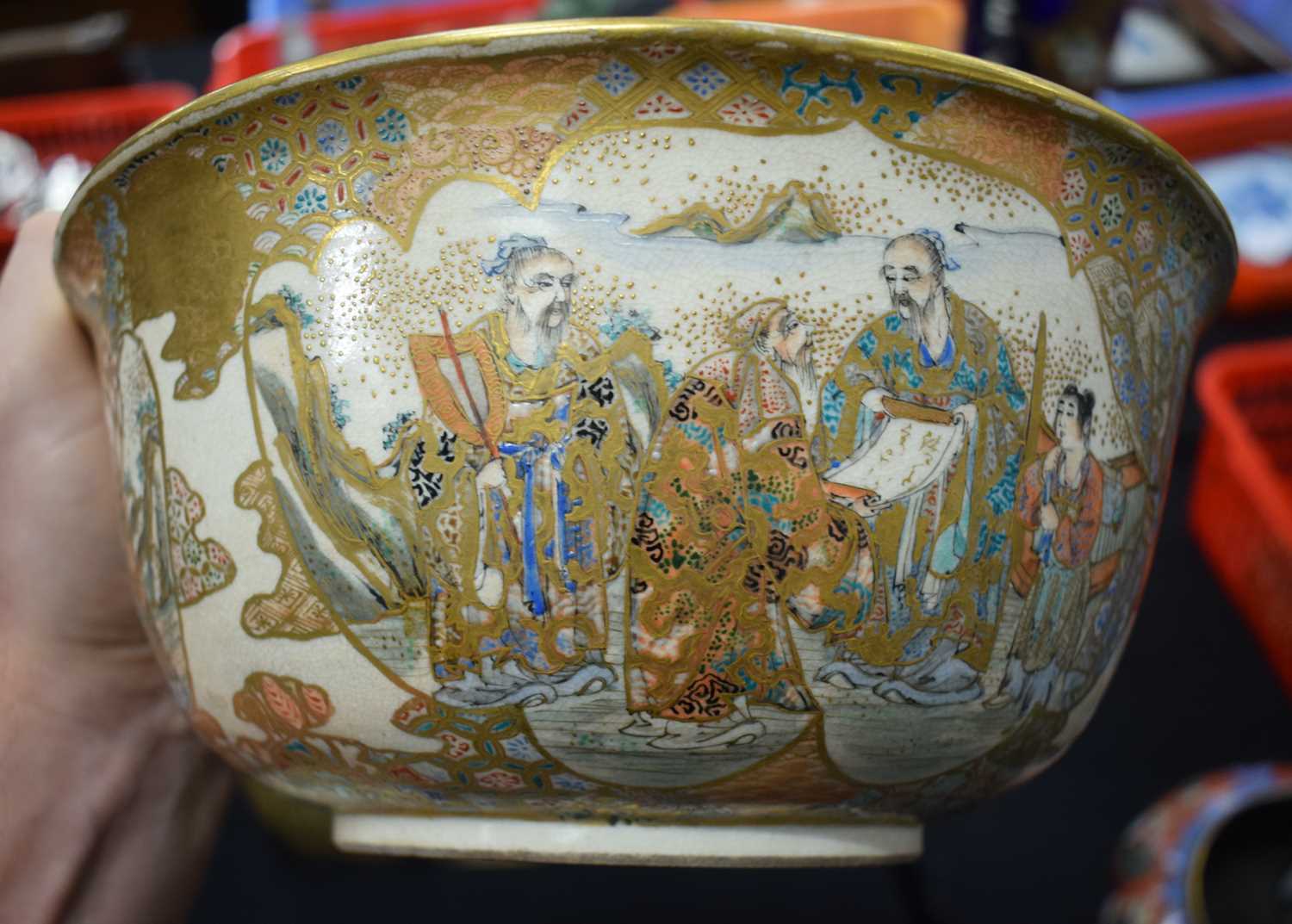 A LARGE 19TH CENTURY JAPANESE MEIJI PERIOD SATSUMA BOWL painted with immortals within landscapes, - Image 13 of 18