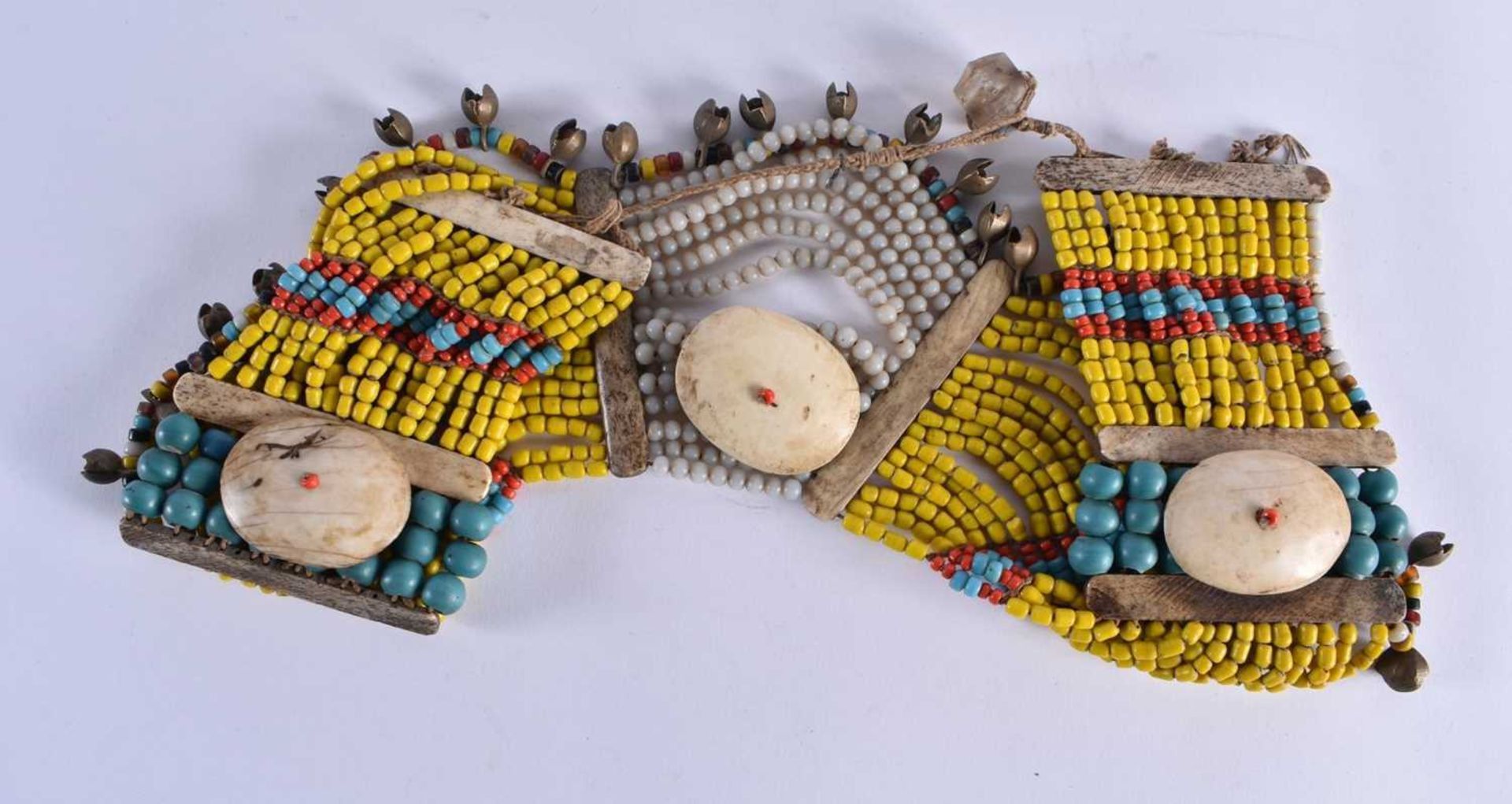 Folk Antique Tribal Naga Beaded Necklace w/ Bone & Bell Details. 80 cm long.