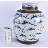 A LARGE 19TH CENTURY CHINESE BLUE AND WHITE CRACKLE GLAZED GINGER JAR AND COVER Qing. 33 cm x 20