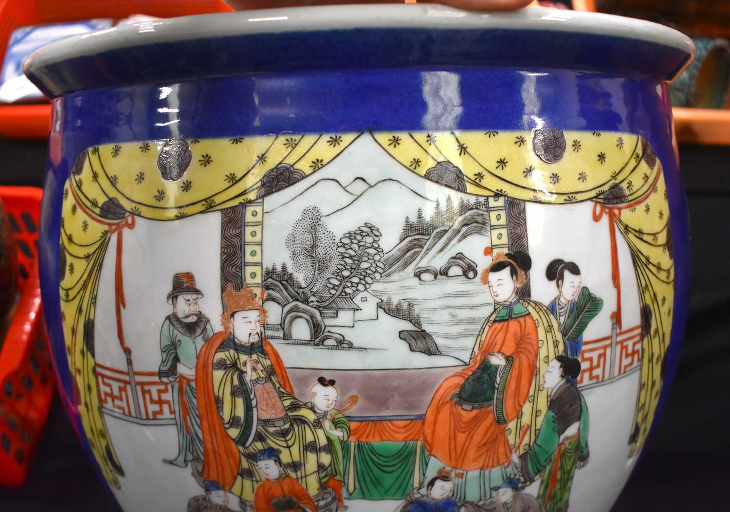 A LARGE 19TH CENTURY CHINESE POWDER BLUE FAMILLE VERTE ENAMELLED JARDINIERE Kangxi style, painted - Image 9 of 29