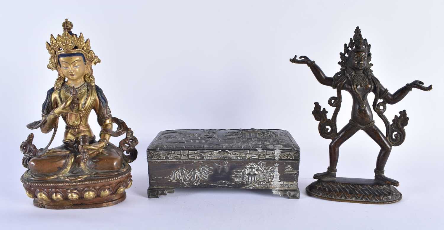 TWO ANTIQUE TIBETAN NEPALESE BRONZE BUDDHAS together with a Japanese repousse casket. Largest 23