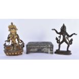 TWO ANTIQUE TIBETAN NEPALESE BRONZE BUDDHAS together with a Japanese repousse casket. Largest 23